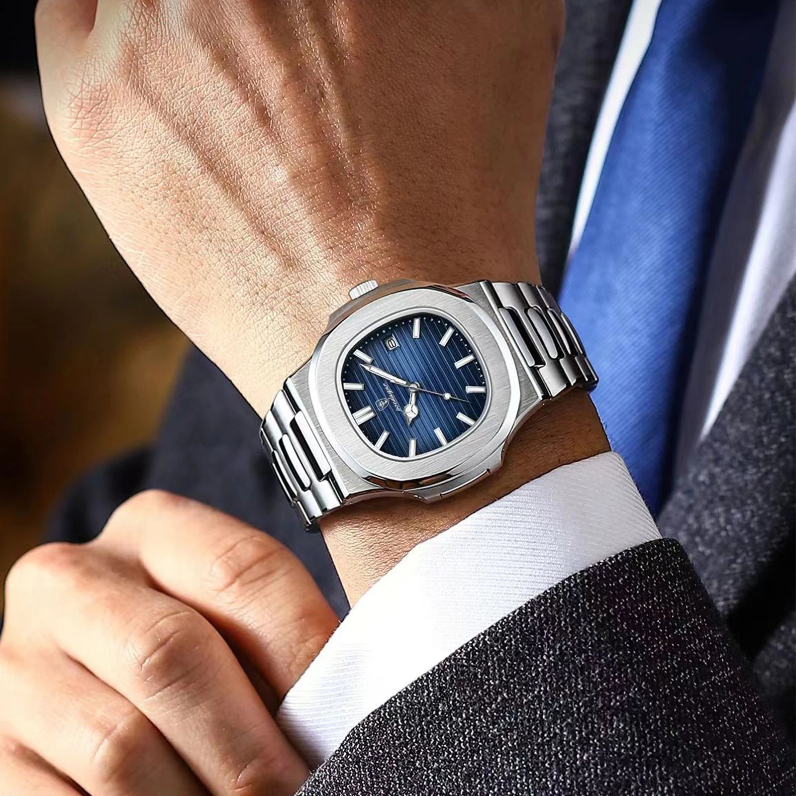 POEDAGAR Men's Square Luxury Watch — Waterproof Luminous Stainless Steel Sport Quartz Wristwatch — view 6 of watches