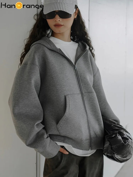 HanOrange 2024 Spring Autumn Sports Air Layer Hoodie Women Loose Silhouette Zipper Hooded Sweatshirt Light Gray/Mixed Gray