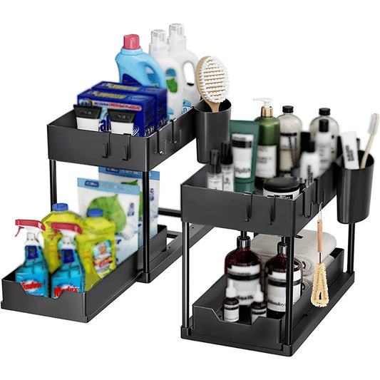 2-Tier Sliding Cabinet Basket Organizer – Under Sink Storage Rack with Hooks & Hanging Cup, Black