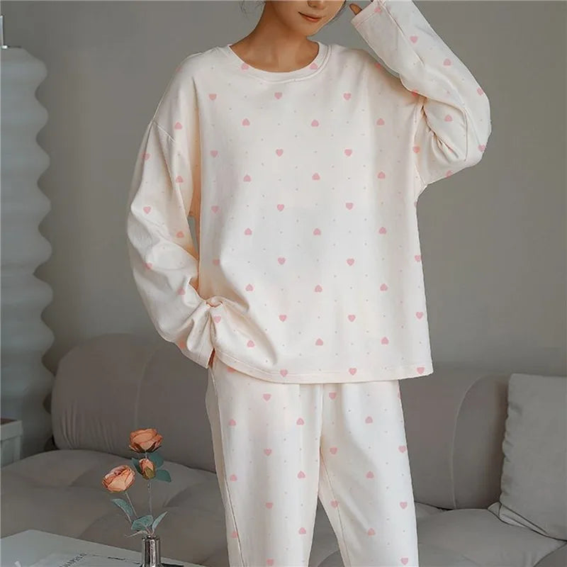 Long Sleeve Pajama Sets Women Sleepwear Padded Autumn Full Length Korean New Home Cozy O-Neck