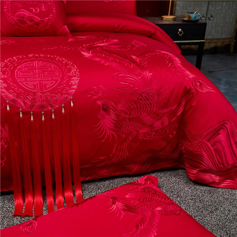 Loong Phoenix Embroidered Satin Bedding Set – Luxury Chinese Wedding Red Cotton Duvet Cover & Bed Sheet