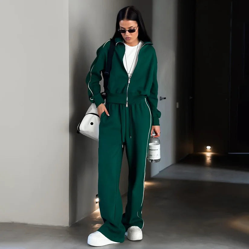 2024 Autumn Women Tracksuit Hoodie Sports 2 Pieces Set Loose Drawstring Trousers Striped Jackets Female Casual Two Sets Clothing