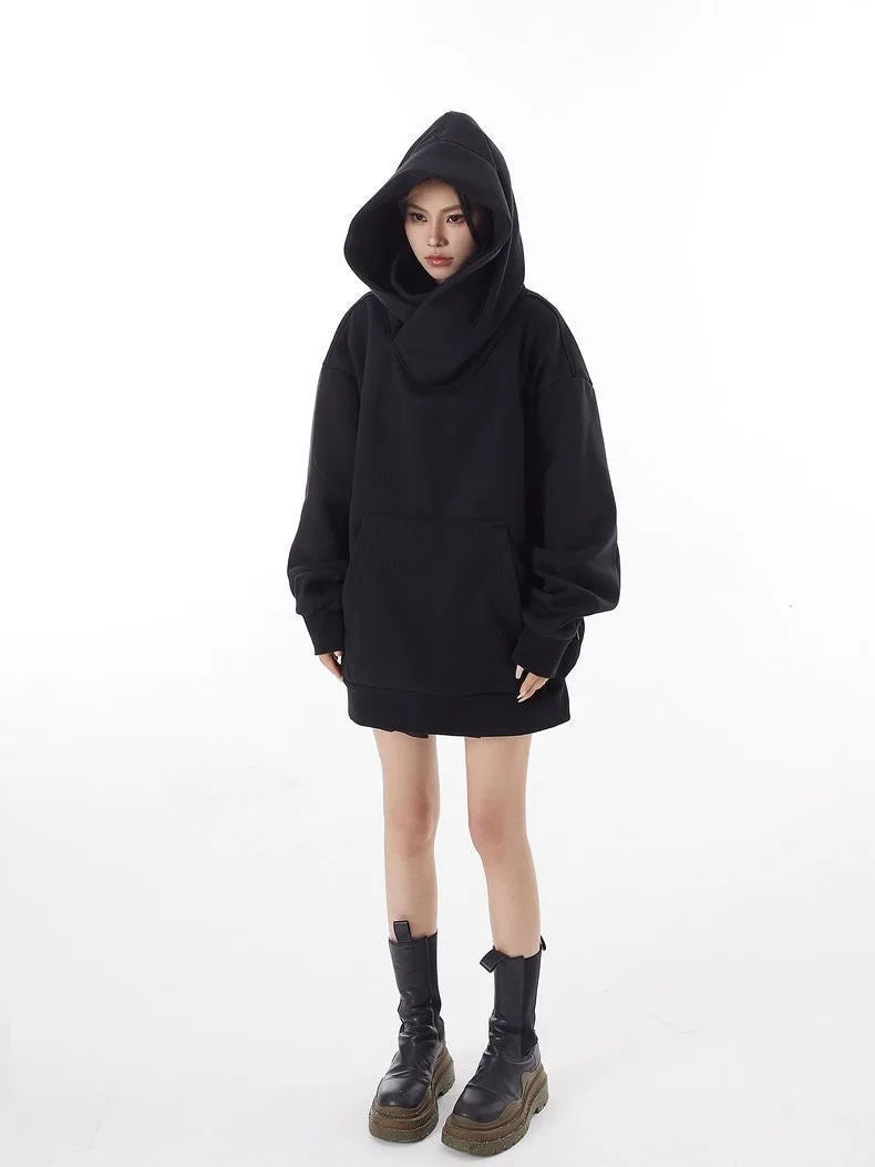 Men’s Solid Color Ninja Hoodie – Vintage Turtleneck Fleece Oversized Sweatshirt for Autumn Y2K Streetwear