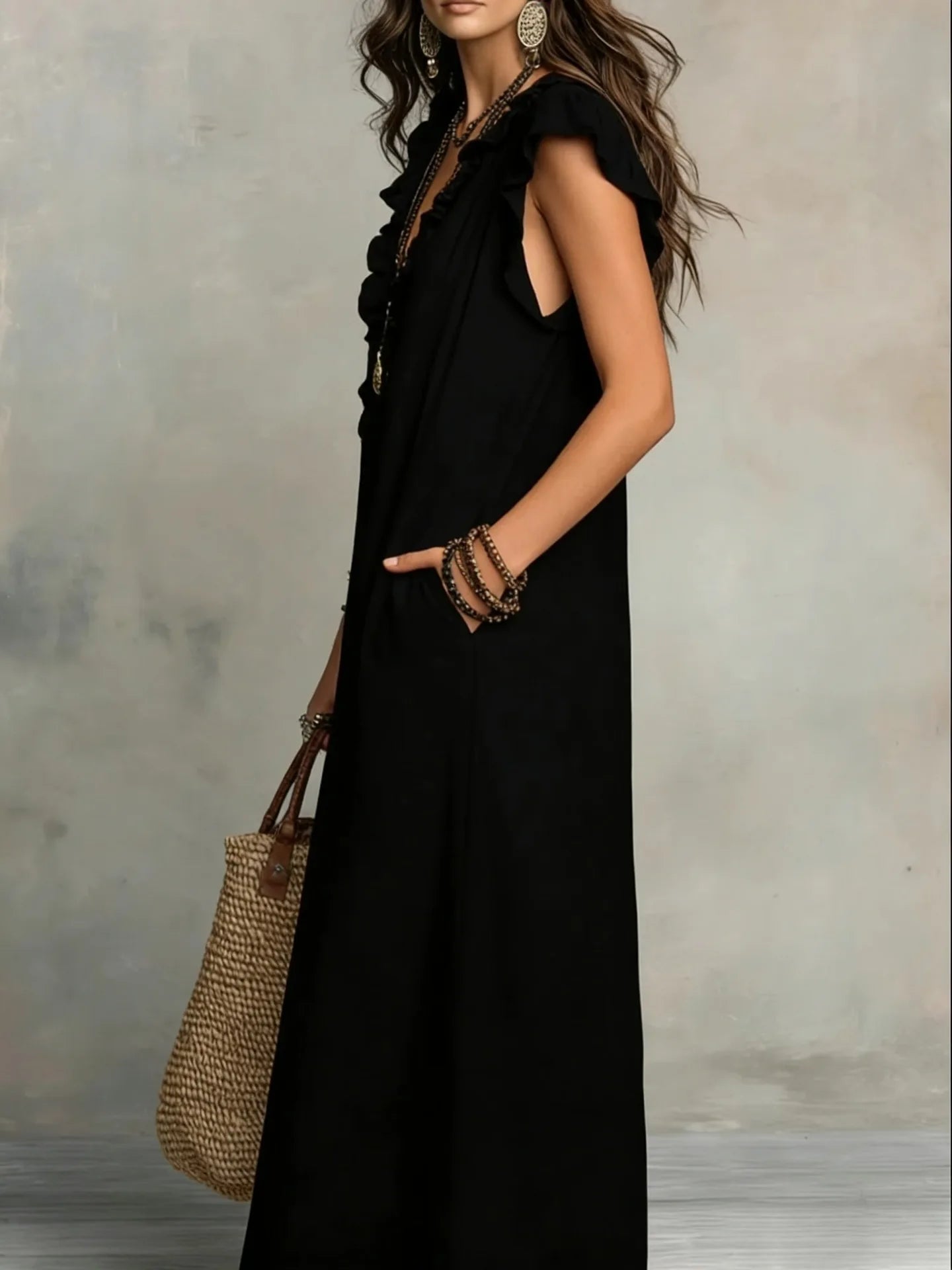 Women's Boho Linen-Blend Ruffle Maxi Dress, V-Neck & Pockets — view 2 of dresses