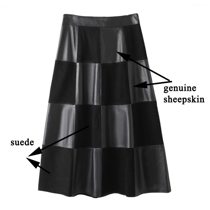 Checkered Genuine Leather Skirt for Women French Elegant Suede Leather Patchwork Umbrella Jupe Longues Femme Plaid Saia Feminina