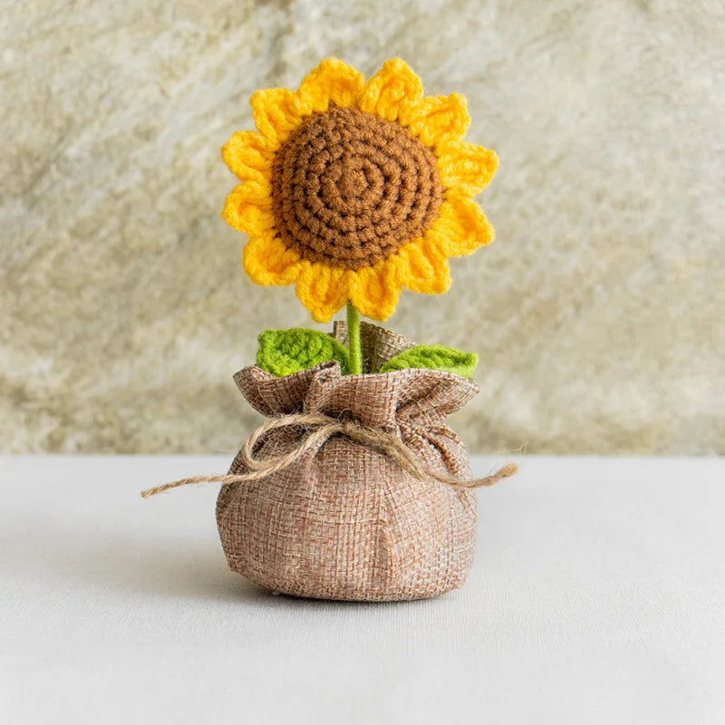 Home Decor Crochet Sunflower in Pot — Hand-Knitted Faux Flower Graduation Gift & Shelf Accent