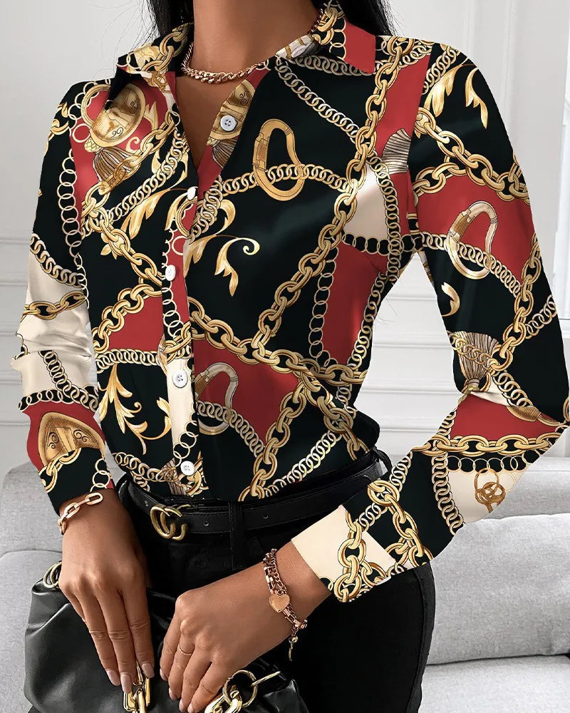 Women casual office printed shirt spring and autumn fashionable button up long sleeved shirt elegant splicing slim fit top women