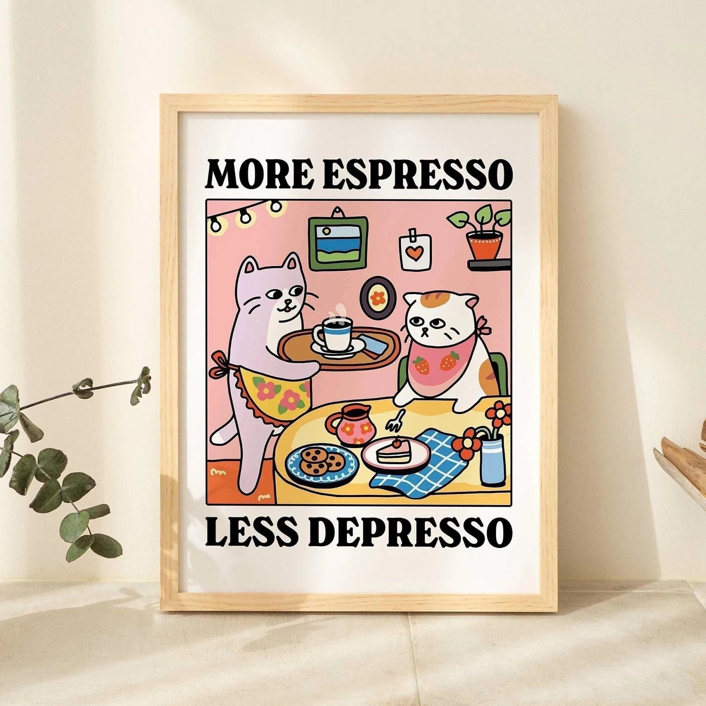 Spaghetti &amp; Espresso Cat Canvas Poster &mdash; Retro Kitchen Wall Art for Caf&eacute; &amp; Home