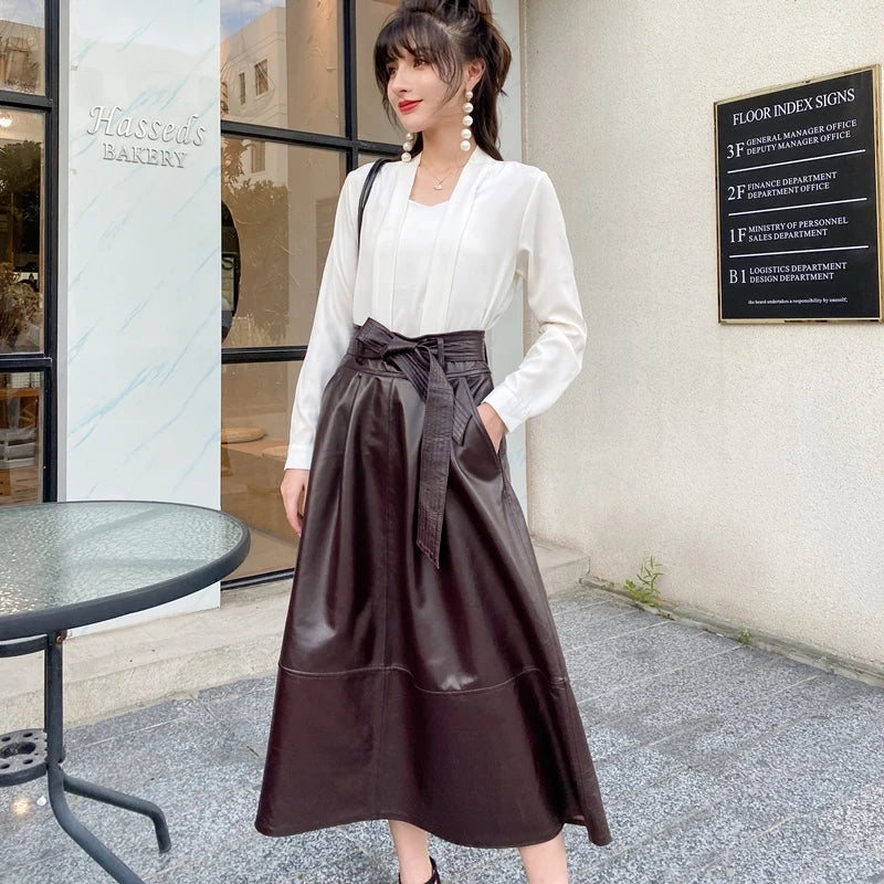 New Jupe Femme Genuine Leather Lange Rokken Women Sheepskin Large Hem High Waist Plus Size Long Skirt Black/Dark Red Flada Mujer