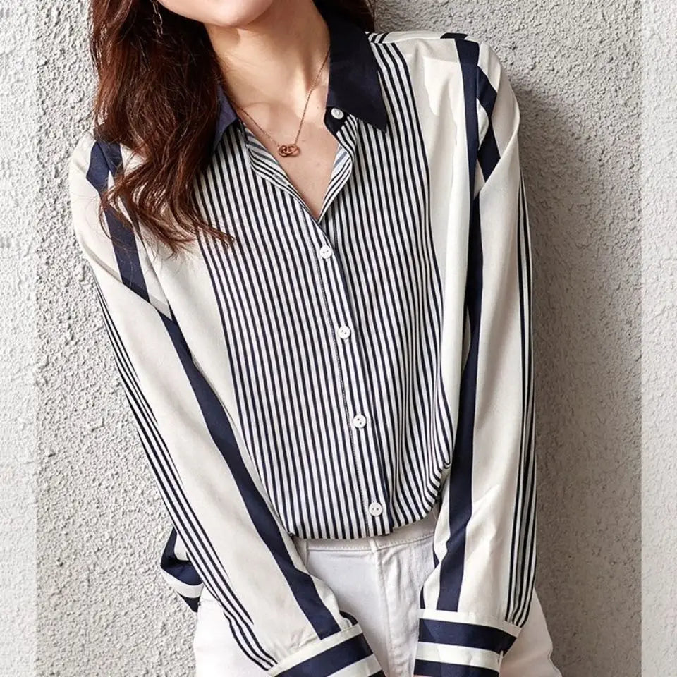 Striped Color Blocked Long Sleeved Chiffon Shirt for Women's Spring Autumn New Commuting Temperament Loose Versatile Shirt Top