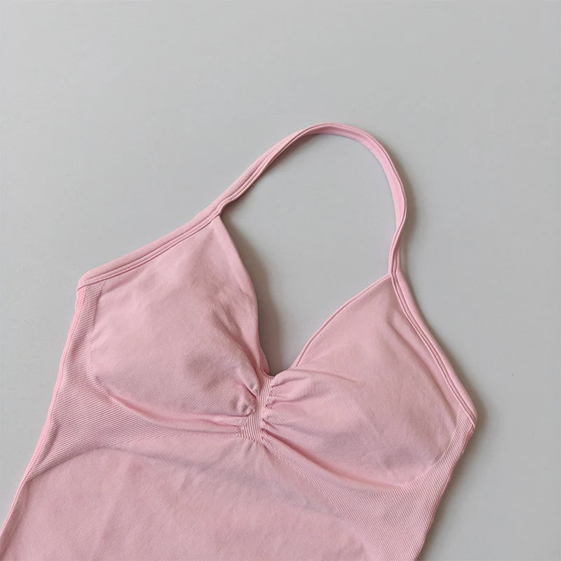 Longline Strappy Yoga Tank &mdash; Seamless Ruched Backless Gym Vest with Built-In Bra — view 3 of sports bras