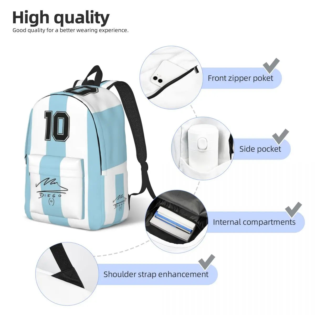 D10S Argentina 86 Diego Maradona D10 Backpack for Soccer Bag Football Schoolbag for Boy Girl Kids Daypack Durable