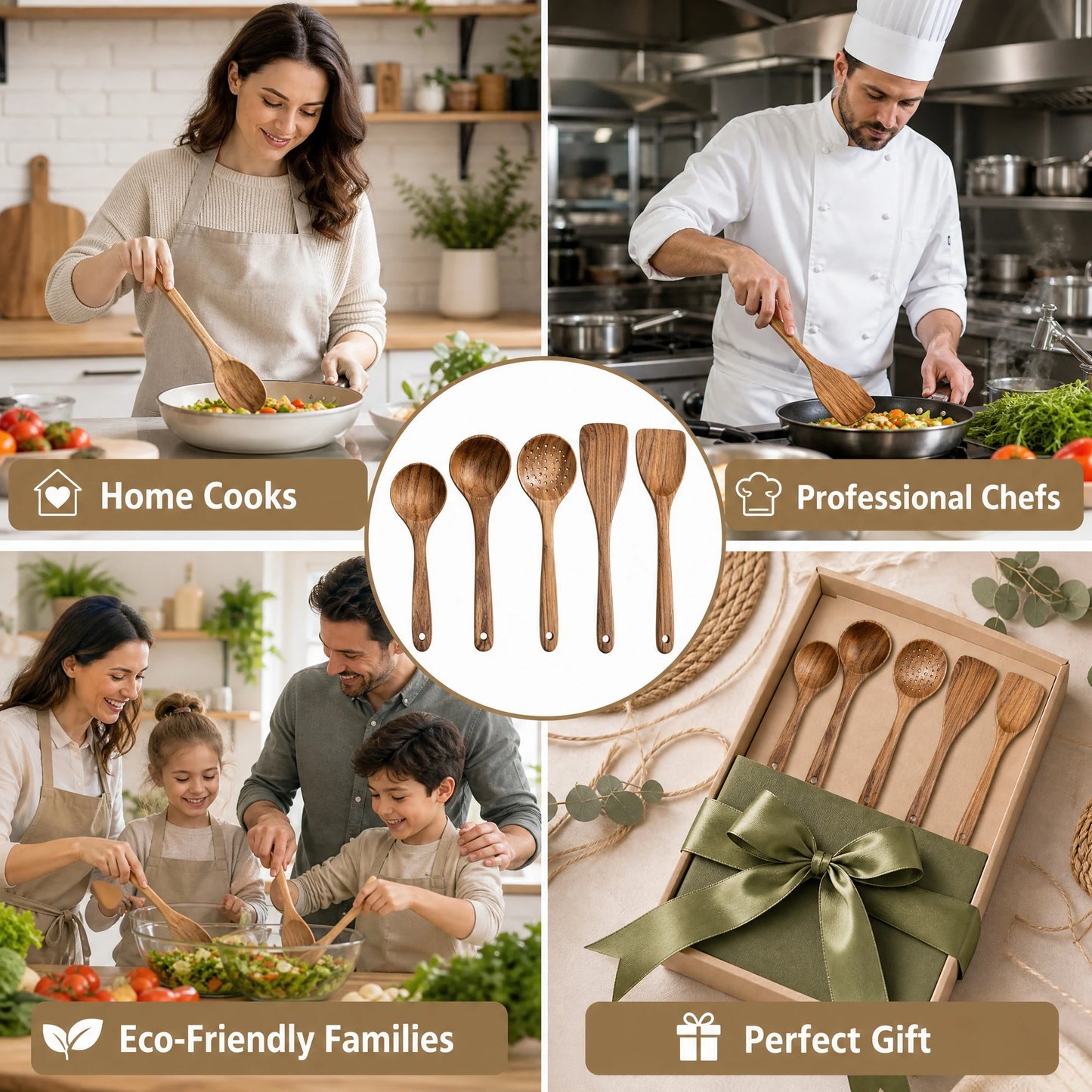 5-Piece Natural Wood Kitchen Utensil Set, Cooking Spoons & Spatulas — product photo 2