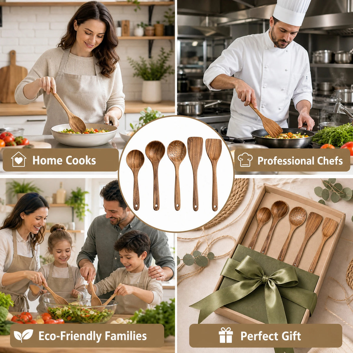 5-Piece Natural Wood Kitchen Utensil Set, Cooking Spoons & Spatulas — product photo 2