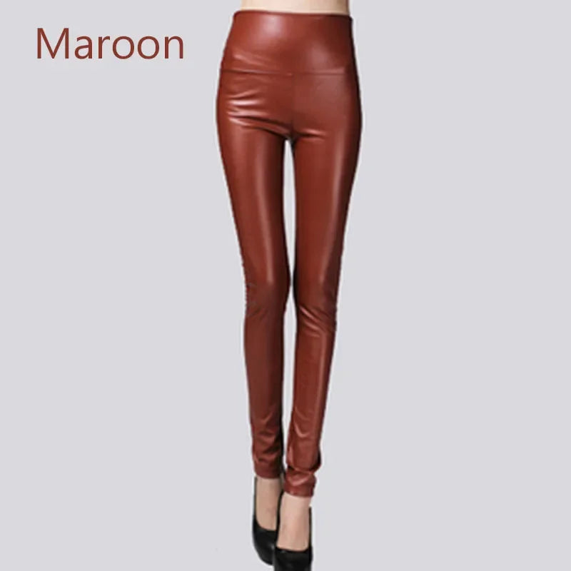 Women’s Y2K Faux Leather Pencil Pants – Elastic Stretch Velvet-Lined Trousers for Autumn