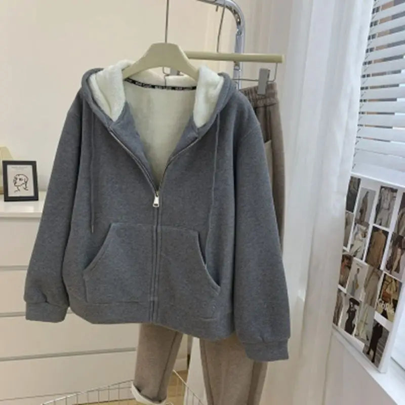 Women Clothing Winter Fleece Jackets Sweatshirt Loose Casual Cashmere Zippered Cardigan Jacket Velvet Thickened Hoodie New