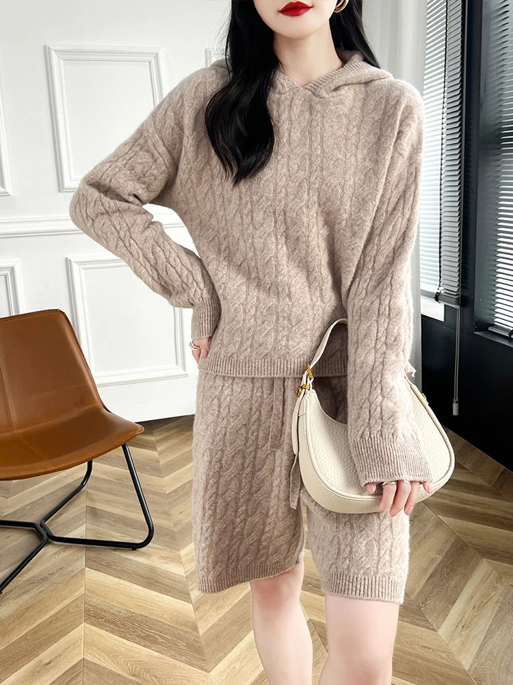 High Quality Suit Spring Autumn 100% Pure Wool Knitted Hoodie Women's Pullover Sweater And Short Pants Two-Piece Female Clothing