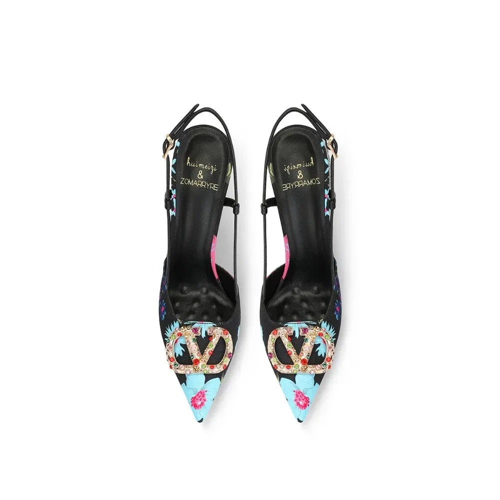 Heels & Pumps — Elegant Black Floral Pointed-Toe Stiletto Heels, Sophisticated Evening Pumps — view 3 of heels & pumps