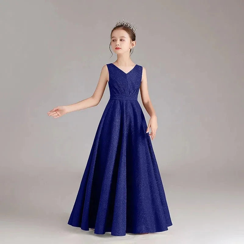 Elegant Black Blue Red Long Teen Kids Evening Gown For Girls Child Costume V neck Wedding Prom Dress 12 14 Years Party Clothes