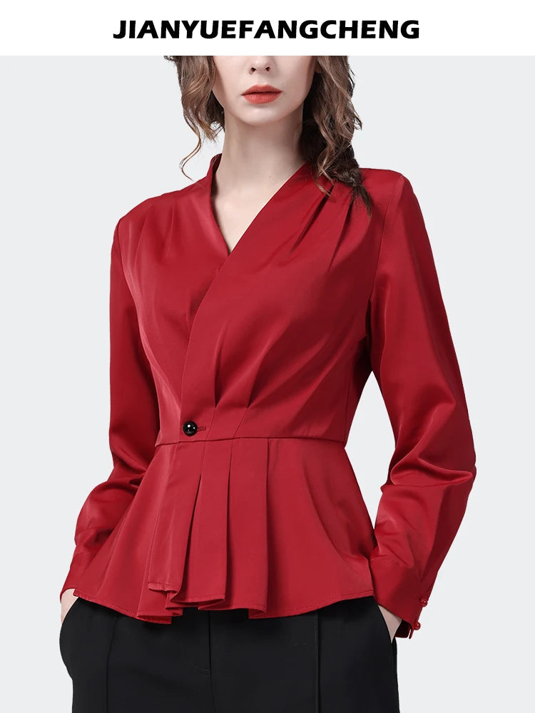 Office Ladies Red Satin Shirt Long Sleeve V-Neck Elegant Skinny Cinch Waist Top Fashion Female Formal Working Blouses