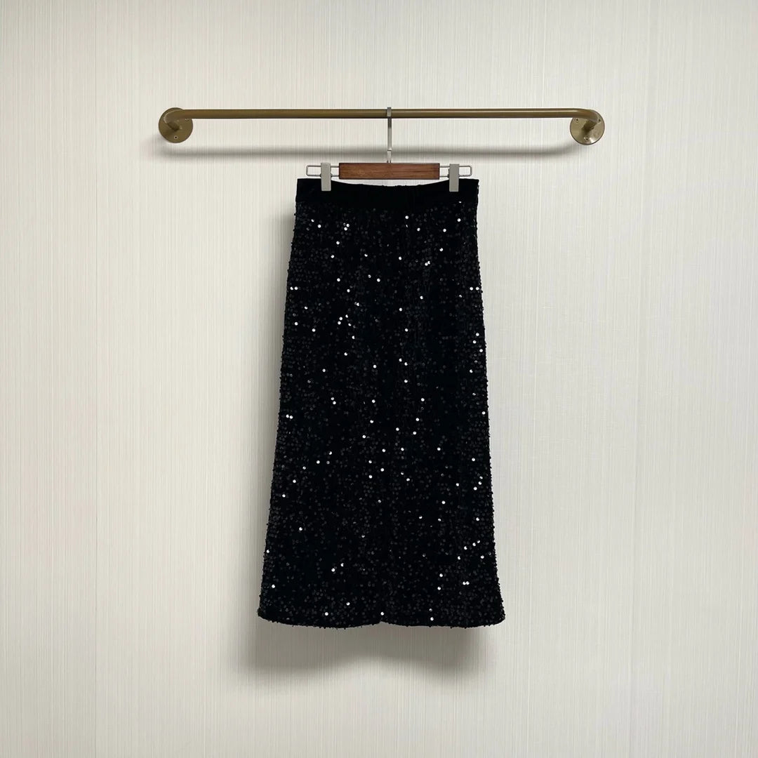 High Waist Sequined Starry Sky Skirt – Elegant Autumn Back Slit Skirt for Women