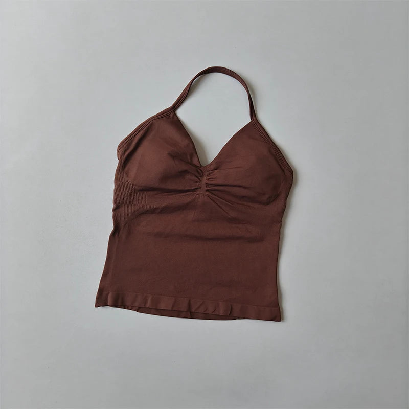 Longline Strappy Yoga Tank &mdash; Seamless Ruched Backless Gym Vest with Built-In Bra — view 5 of sports bras