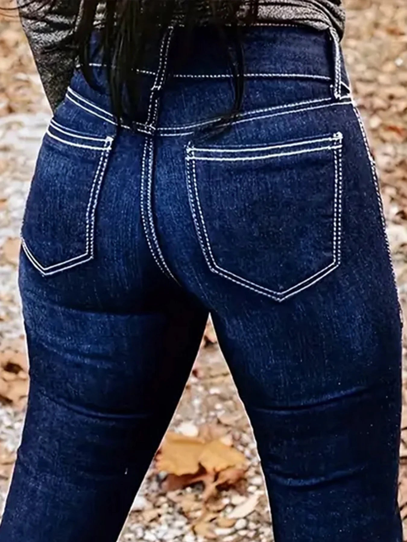 Plus-Size Blue Flare Jeans — Double-Row Button Contrast-Stitch Stretch Denim — variant view 6
