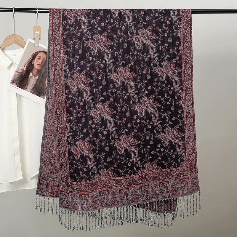 Pashmina Scarf European Bohemia Paisley Jacquard — Museum-Piece Cashmere Shawl Wrap 70×190cm — view 15 of scarves & wraps