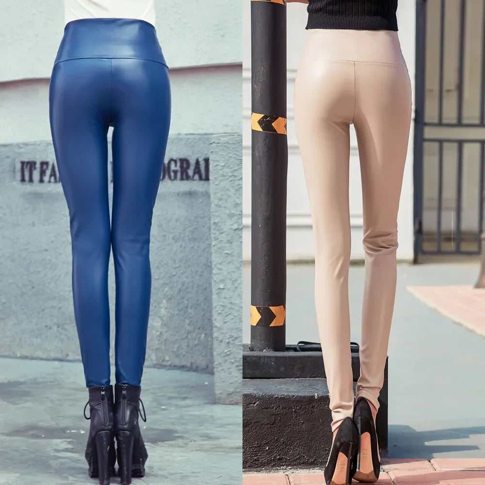 Women’s Y2K Faux Leather Pencil Pants – Elastic Stretch Velvet-Lined Trousers for Autumn