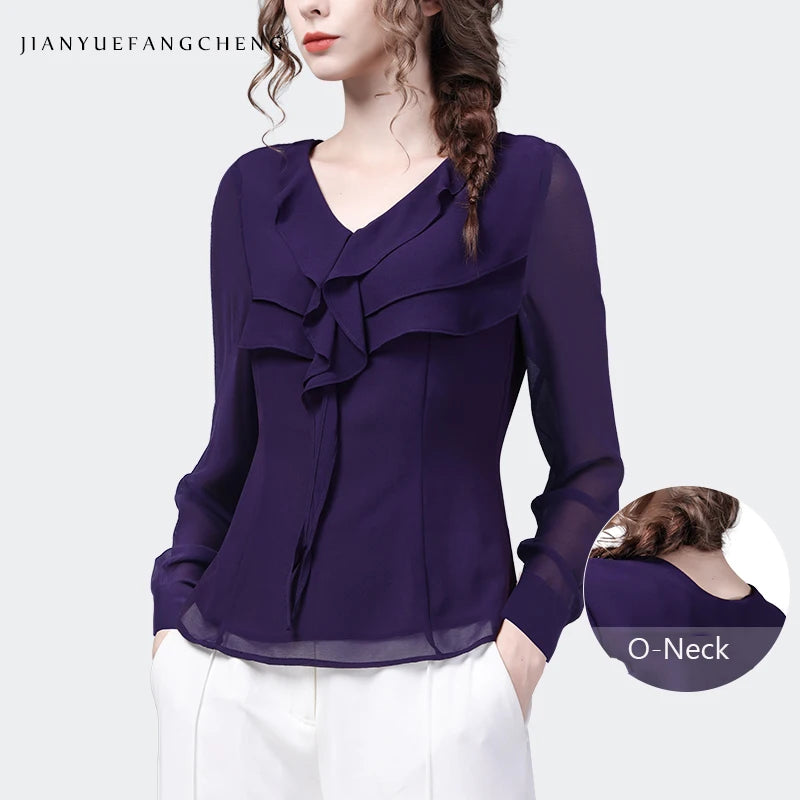 2024 Summer Women Short Sleeve V-neck Ruffle Chiffon Tops Elegant Slim French Style Female Purple Casual Office Blouses