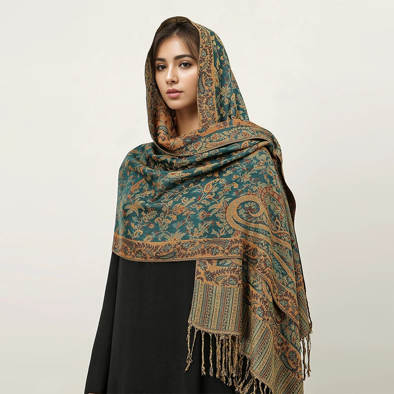 Bohemia Hijab Scarf Pashmina — Cashmere Modest-Fashion Long Shawl, Boho Print Head Wrap — view 8 of scarves & wraps