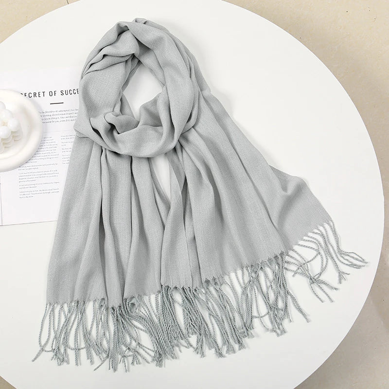 Solid Pashmina Scarf Tassel — Minimalist Cashmere-Feel Capsule Wardrobe Wrap for Women & Men — view 14 of scarves & wraps