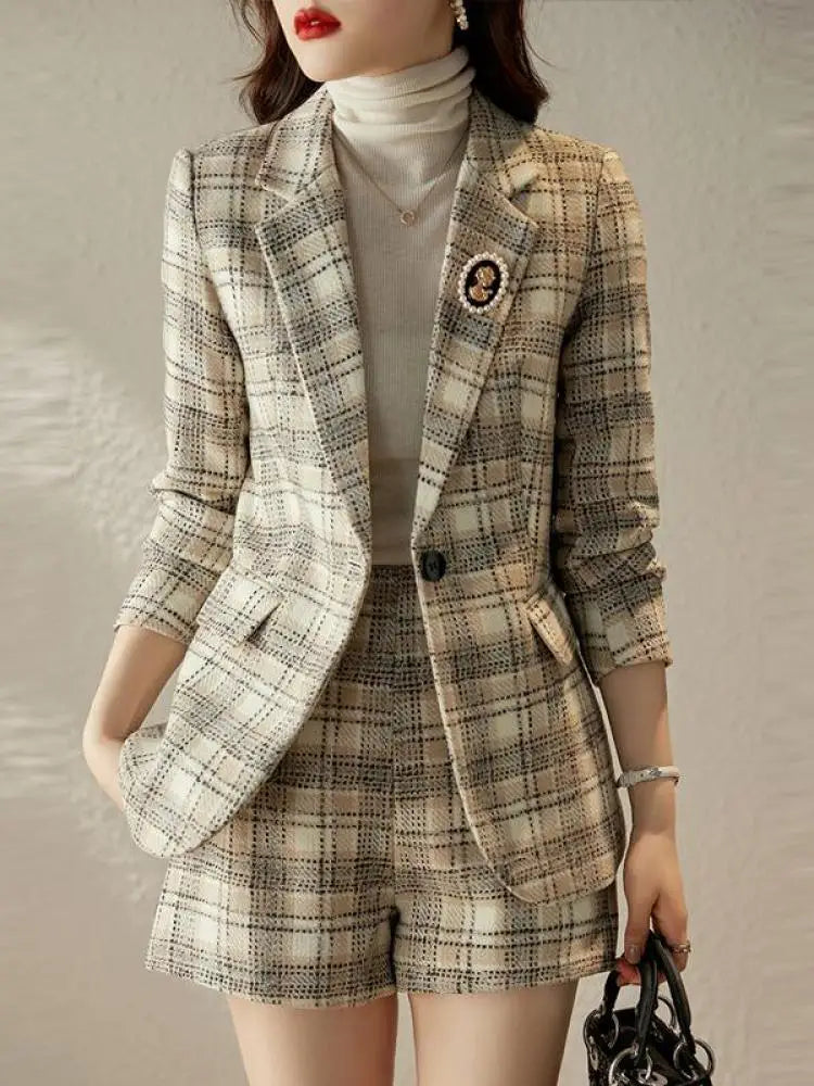 Autumn Winter Vintage Plaid Blazer Office Ladies 2 Piece Sets Korean Elegant Long Sleeve Suit Coat And High Waist Shorts Outfit