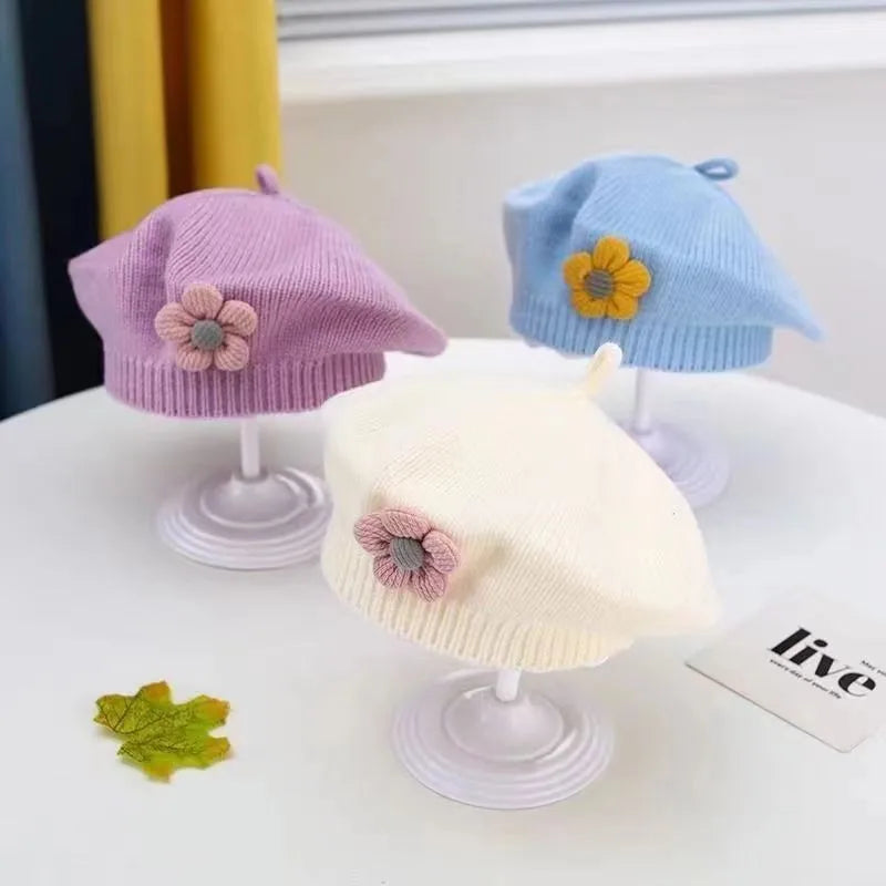 Flower Baby Beret Hat - Knitted Painter Cap for Infant Girls, Cute Toddler Princess Beret — view 3 of baby hats