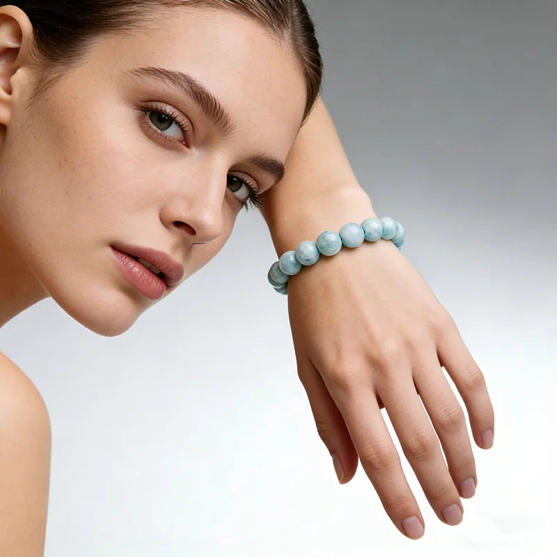Crystal & Gemstone Larimar Stretch Bracelet — 8mm Natural Blue Bead Jewelry for Women — view 3 of crystal & gemstone