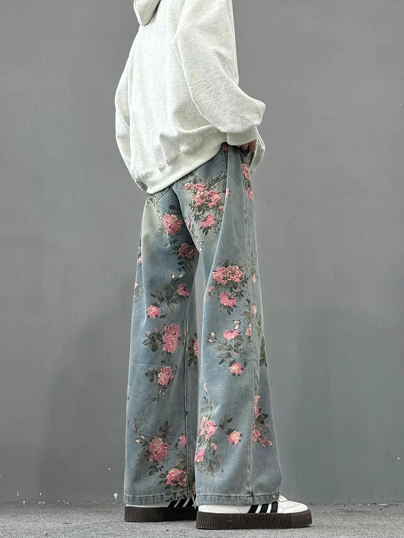 Floral-Print Wide-Leg Jeans — Mid-Rise Summer Straight-Leg Floor-Length Denim — variant view 4