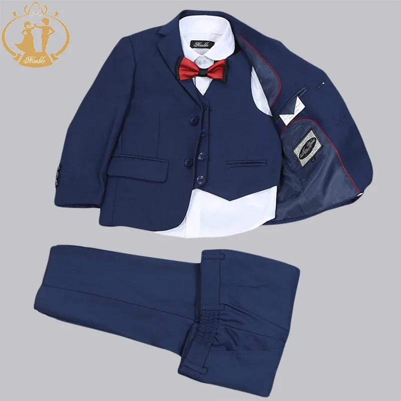 Spring Autumn Formal Boys Suits for Weddings Children Party Host Costume 3Pcs Blue Blazer Vest Pants Wholesale Clothing