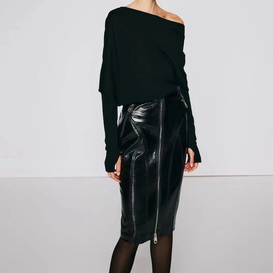 Genuine Leather Glossy Skirts 2024 Spring Autumn Fashion Women High Waist Front Zipper Bodycon Chic Ladies Real Lambskin Skirts