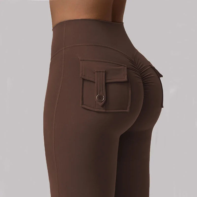 High-Waisted Yoga Flare Pants — Wide-Leg Tummy-Control Trousers with Pockets — view 3 of sports & fitness