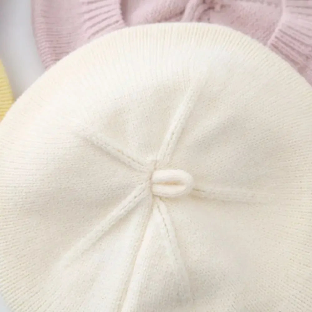 Flower Baby Beret Hat Winter Warm Knitted Beanie Cap for Infant Girls Korean Toddler Princess Artist Solid Color Painter Caps