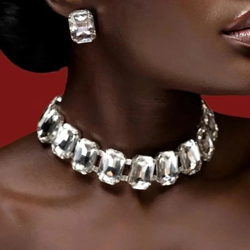Bridal Crystal Necklace & Earrings Set Wedding Bridesmaid Jewelry Sparkling Rhinestone Statement Set — view 6 of jewelry sets