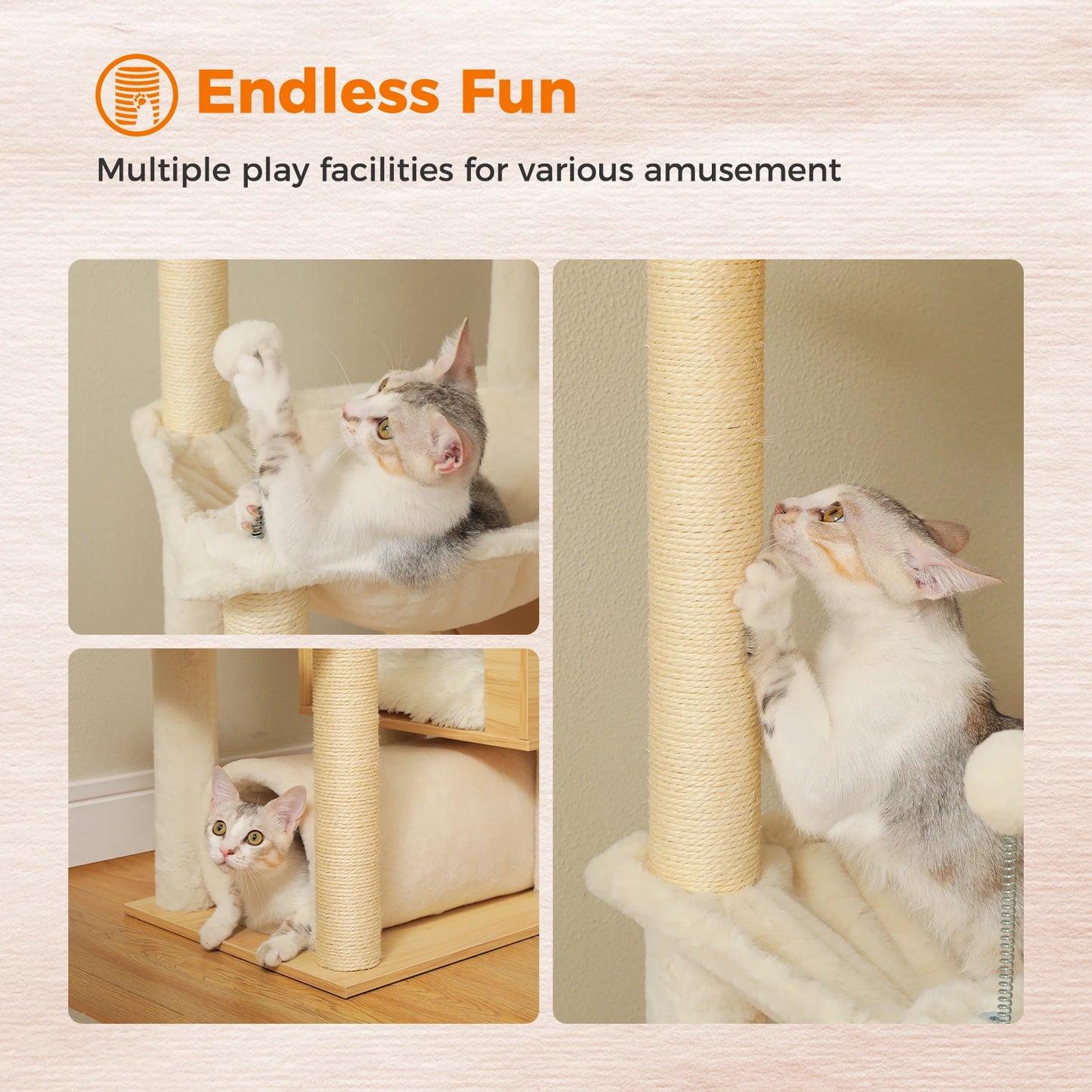 Height-Adjustable Wooden Cat Tree with Hammock & Sisal Scratching Post — product photo 2