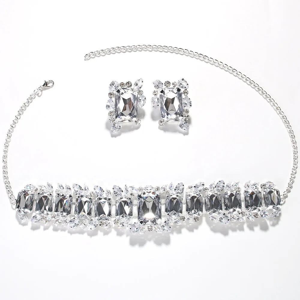 Bridal Crystal Necklace & Earrings Set Wedding Bridesmaid Jewelry Sparkling Rhinestone Statement Set — view 2 of jewelry sets