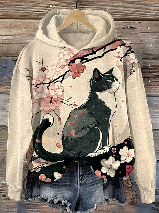 Japanese Cat Graphic Printed Women's Hoodies Sweatshirts Autumn Winter Fashion