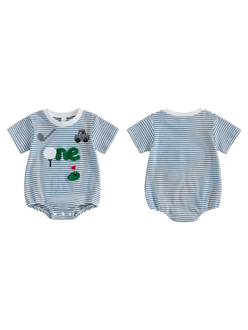 Baby Boy Golf Embroidery Striped Romper - Preppy Short-Sleeve Outfit — view 1 of baby rompers