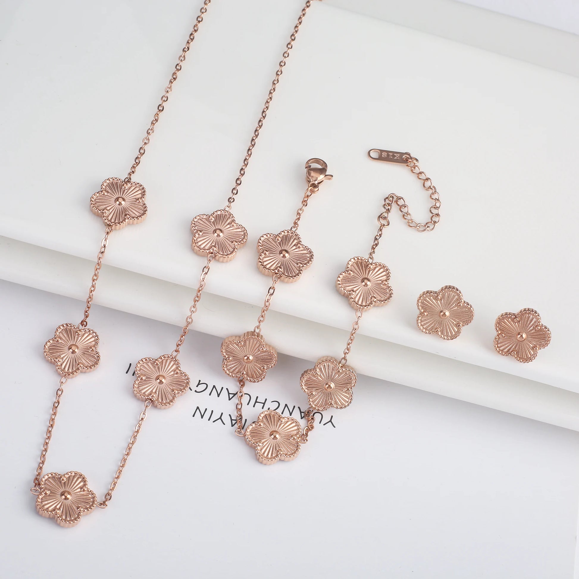 3-Piece 18K Gold-Plated Five-Leaf Flower Jewelry Set Necklace Earrings & Bracelet Clover Pendant Set — view 19 of jewelry sets