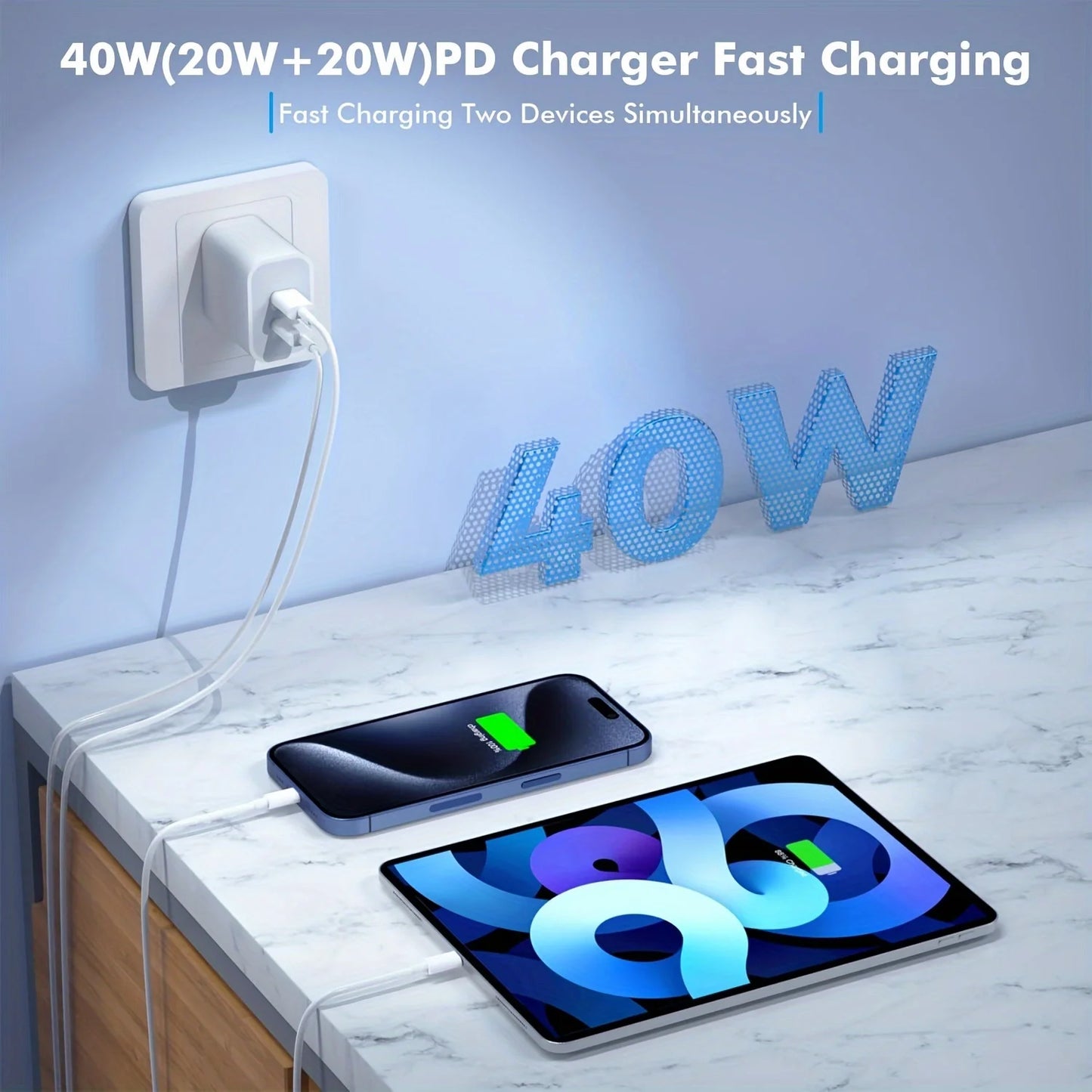 2-Pack 40W PD Dual-Port USB-C Charger + 10ft USB-C Cable — Long-Range Fast Charge — view 5 of chargers & cables