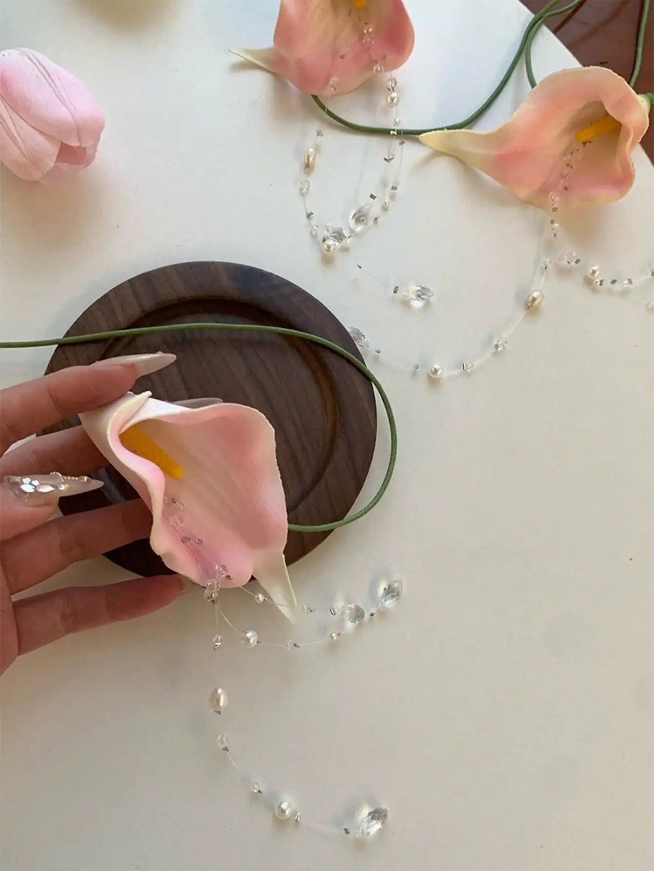 Pearl Tassel Calla Lily Necklace — Handmade Crystal Drop Pendant for Women — view 4 of necklaces