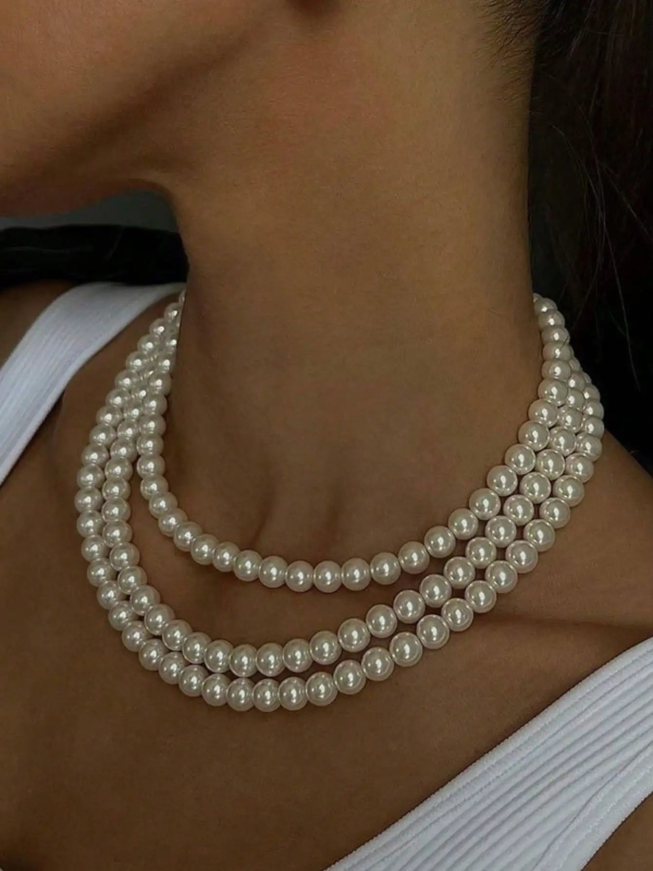 Pearl 3-Strand Layered Necklace — Silver-Tone Clasp Faux Pearl Statement for Women — view 3 of necklaces