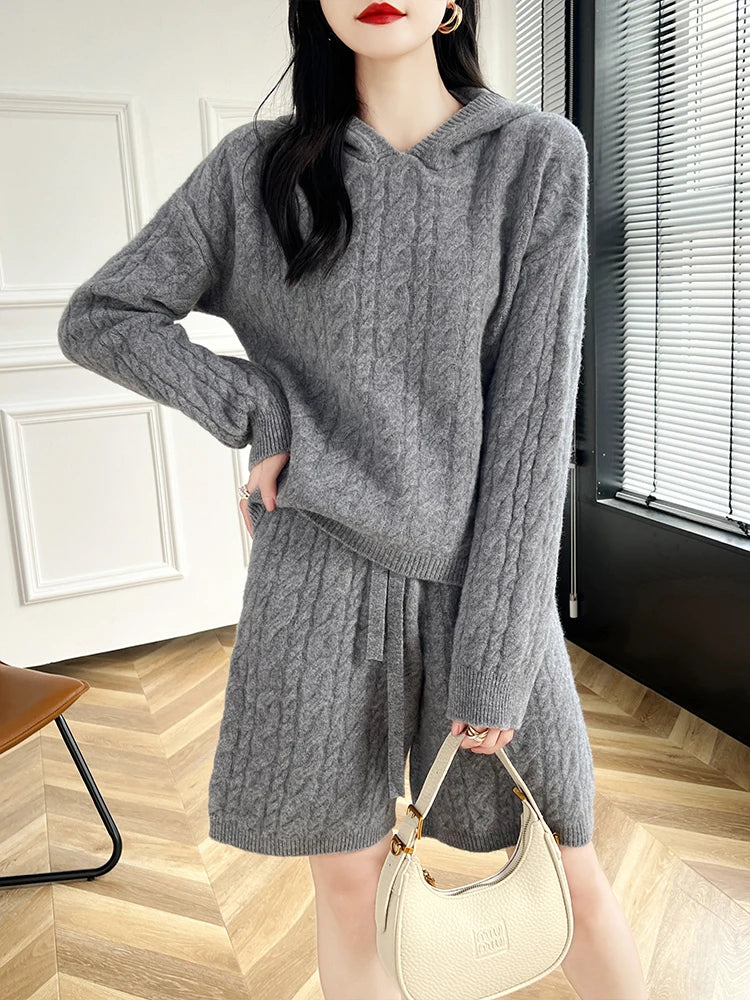 High Quality Suit Spring Autumn 100% Pure Wool Knitted Hoodie Women's Pullover Sweater And Short Pants Two-Piece Female Clothing